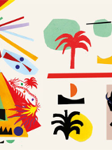 Kolorowe rysunki: palma, bizon, namiot.