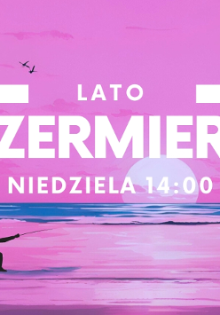 Plakat, na różowym tle palmy, morze, plaża i człowiek ze szpadą, napisy informujące o wydarzeniu