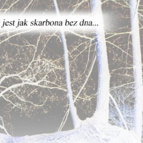 Biało-czarne zdjęcie lasu, a na nim napis Pamięć jest jak skarbona bez dna...