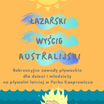 plakat wydarzenia. Na górze słońce, na dole pływa dziecko w czerwonym kostiumie.