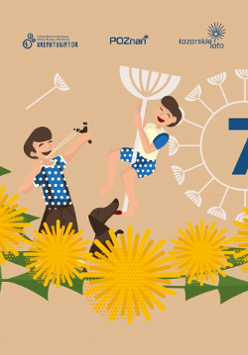 Grafika przedstawia dwójkę chłopców, którzy bawią się kwiatami. Jeden z nich celuje z procy, a drugi buja się na kwiecie dmuchawca, Oboje stoją na wianku związanym z mleczy.