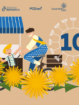 Grafika przedstawia uśmiechniętego chłopca przed straganem, obok niego siedzi na rowerze mężczyzna w berecie. Przed nimi wianek związany z mleczy.