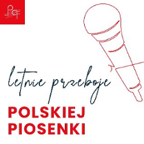 Grafika promująca Letnie przeboje polskiej piosenki. Na białym tle czerwony szkic mikrofonu oraz tytuł wydarzenia.