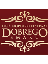 logo: na bordowym tle kremowe napisy, zdobienia na górze i na dole.