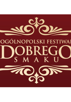 logo: na bordowym tle kremowe napisy, zdobienia na górze i na dole.