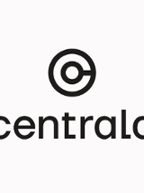 Logo galerii Centrala. Dwa czarne kręgi z jedną poprzeczną kreską łączącą je po prawej stronie. Poniżej napis "centrala".