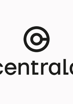 Logo galerii Centrala. Dwa czarne kręgi z jedną poprzeczną kreską łączącą je po prawej stronie. Poniżej napis "centrala".
