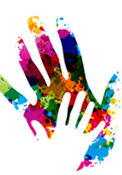 Kolorowa otwarta dłoń, na niej mniejsza biała.