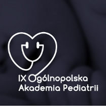 Stetoskop ułożony w kształt serca z podpisem "IX Ogólnopolska Akademia Pediatrii".