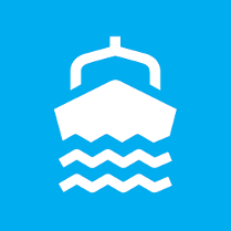 Logo przedstawia przód statku i fale w kolorze białym, tło jest koloru jasnego niebieskiego.