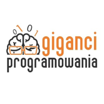 Pomarańczowo-czarny napis "Giganci programowania" na białym tle.