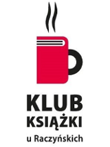Na białym tle widnieje czerwony kształt będący jednocześnie książką oraz kubkiem z uszkiem, z którego paruje gorący napój. Podpis pod grafiką brzmi Klub książki u Raczyńskich.