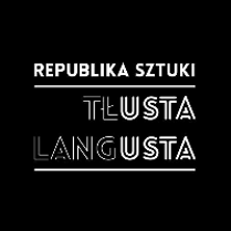 Czarno-białe logo: na czarnym tle biały napis Republika Sztuki Tłusta Langusta.