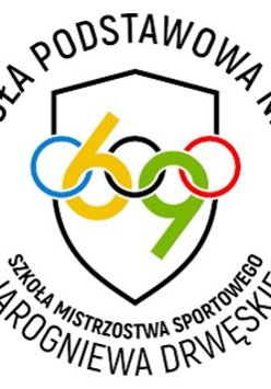 Logo przedstawia tarczę, a w niej okręgi różnych kolorów, dwa z nich tworzą liczbę "69", która jest numerem szkoły.