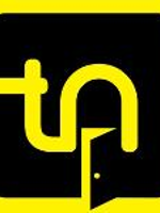 Czarno-żółte logo Teatru Nowego: połączone litery "t" i "n" i zarys otwartych drzwi.