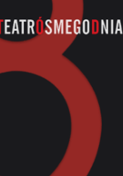 Logotyp Teatru Ósmego Dnia: na czarnym tle czerwona ósemka, w górnej części napis Teatr Ósmego Dnia.