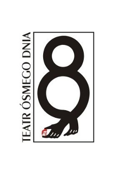 Logotyp Teatru: na białym tle czarny tekst - cyfra 8 z dłońmi u jej dołu, z lewej strony napis Teatr Ósmego Dnia.