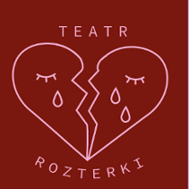 Dwie identyczne grafiki różniące się kolorami - jedna w kolorze bordowym, druga w kolorze różowym. Grafika przedstawia serce złamane na pół z parą oczu, z których lecą łzy. Nad sercem napis "Teatr", pod sercem napis "rozterki".