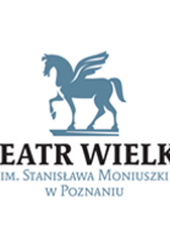 Na białym tle niebieski rysunek Pegaza, pod nim napis "Teatr Wielki im. Stanisława Moniuszki w Poznaniu".