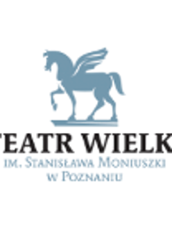 Rysunek Pegaza w kolorze niebieskim, pod nim napis "Teatr Wielki im. Stanisława Moniuszki w Poznaniu". Białe tło.