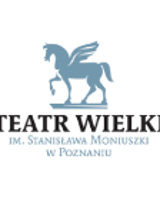 Rysunek Pegaza w kolorze niebieskim, pod nim napis "Teatr Wielki im. Stanisława Moniuszki w Poznaniu". Białe tło.