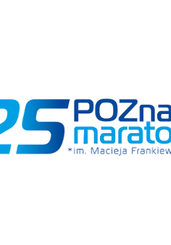 Logotyp 25. Poznań Maratonu im. Macieja Frankiewicza - niebiesko-granatowa nazwa biegu