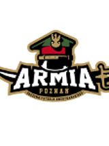 Logotyp Armii Poznań - w środku duży biały napis Armia, w jego tle czarny miecz oraz czapka żolnierska, a na dole na czarnym tle napis Poznań