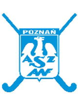 Logotyp AZS AWF Poznań - w środku niebieskie symbole AZS oraz AWF na tle białego orła. Reszta herbu w niebieskich barwach, a na górze biały napis Poznań. Na herbie skrzyżowane są 2 niebieskie kije