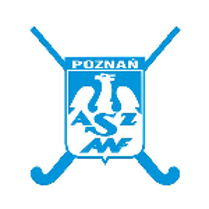 Logotyp AZS AWF Poznań - w środku niebieskie symbole AZS oraz AWF na tle białego orła. Reszta herbu w niebieskich barwach, a na górze biały napis Poznań. Na herbie skrzyżowane są 2 niebieskie kije