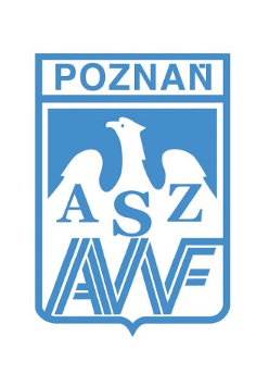 Logotyp AZS AWF Poznań - biały orzeł na niebieskim tle, a w nim niebieski napis AZS AWF