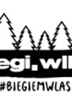 Logotyp Biegi Wlkp.- czarny logotyp z nazwą i biegu i symbolem choinek ponad nim