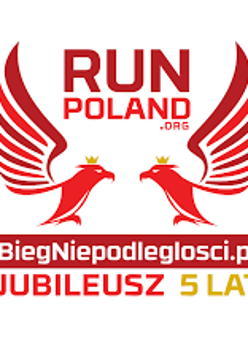 Logotyp Biegu Niepodległości - 2 patrzące na siebie czerwone orły oraz na czerwono nazwy imprezy i organizatora wydarzenia