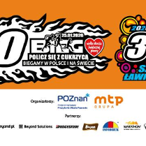 Logotyp Biegu "Policz się z cukrzycą" - na pomarańczowym tle biały logotyp biegu, a z prawej strony kolorowy logotyp całej akcji. Poniżej na białym tle logotypy organizatorów i partnerów