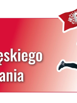 Logotyp Biegu Zwycięskiego Powstania - na czerwonym tle biała nazwa imprezy, a obok mężczyzna biegnący z flagą powstańczą