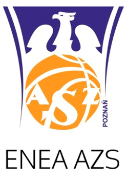 Logotyp Enei AZS Politechniki Poznań - w środku złota piłka z napisem AZS, z jej prawej strony napis z boku Poznań, nad nią biały orzeł oraz granatowe tło