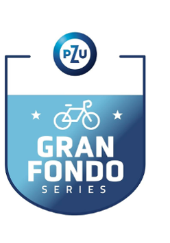 Logotyp Gran Fondo Poznań - herb z niebieską dolną częścią i białym tytułem biegu oraz białym symbolem roweru, zaś powyżej na białym tle symbol PZU