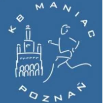 Logotyp Klubu Biegacza Maniac - na środku sylwetka biegnącej osoby oraz ratusza. Powyżej nazwa organizatora, całość na niebieskim tle