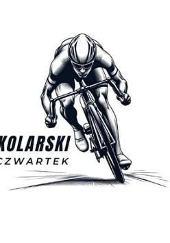 Logotyp Kolarskich Czwartków - czarno-biała sylwetka jadącego kolarza, a z boku nazwa zawodów