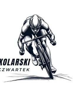 Logotyp Kolarskich Czwartków - czarno-biała sylwetka jadącego kolarza, a po lewej stronie nazwa zawodów