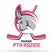Logotyp Kozic Poznań - grafika kozy wpisana w różowe koło i skrzyżowane różowe kije, a poniżej różowo-czarna nazwa klubu