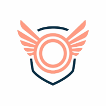 Logotyp Magda Linette Foundation - pomarańczowy okrąg ze skrzydłami otoczone niebieskim obramowaniem