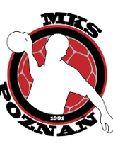 Logotyp MKS Poznań - na tle czerwonej piłki do ręcznej biała sylwetka piłkarza ręcznego