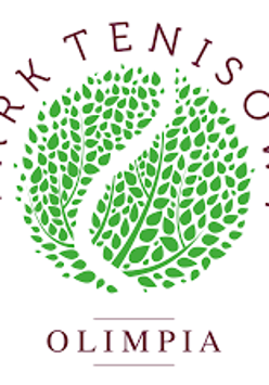 Logotyp Parku Tenisowego Olimpia - w środku piłka tenisowa zlożona z małych listów. Wokół Napis z nazwą obiektu