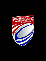 Logotyp Posnanii - na czerwonym tle biało-niebieska piłka do rugby oraz biała nazwa klubu i rok założenia