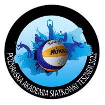 Logotyp Poznańskiej Akademii Siatkówki Teszner - pika do siatkówki na niebieskim tle, a wokół niej niebieskie sylwetki grających zawodników. Całość wpisana jest w czarne obramowanie z białą nazwą klubu
