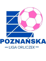 Logotyp Poznańskiej Ligi Orliczek - piłka w różowych kolorach na tle niebieskiej bieżni, a poniżej niebieski tytuł zawodów