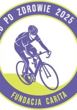 Logotyp Rajdu po zdrowie - we flotetowym kole z nazwą rajdu i organizatora wpisana jest fioletowa sylwetka kolarza po zielonej trawie