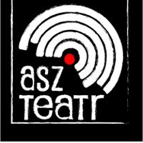 na czarnym tle biały napis asz teatr, a powyżej narysowane niepełne białe okręgi z czerwoną kropką pośrodku