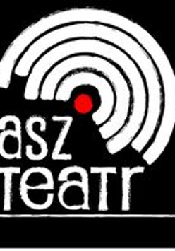 Na czarnym tle w górnej prawej części grafiki narysowane białe półokręgi, w dolnej lewej części biały napis asz teatr. W środku czerwona kropka.