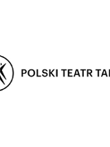 na białym tle czarny okrąg, wewnątrz rysunek czarnych tańczących postaci, obok czarny napis Polski Teatr Tańca